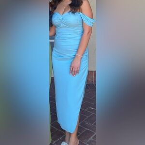 Blue Abercrombie off-the-shoulder rushed midi dress.